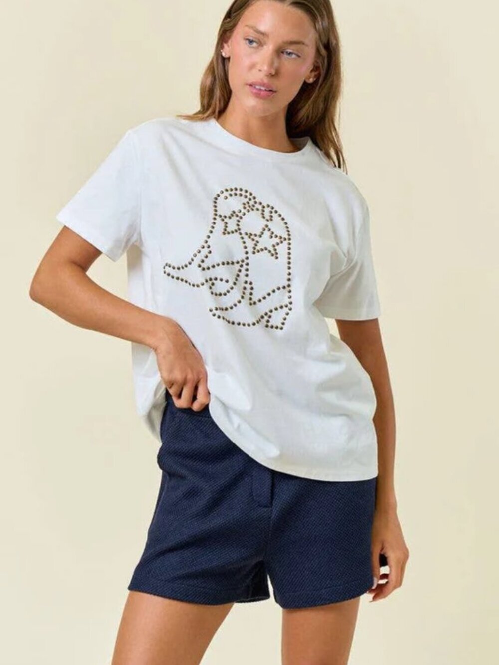 NWT Doe and Rae White Graphic Tee with metallic hotfix studs Boots Design